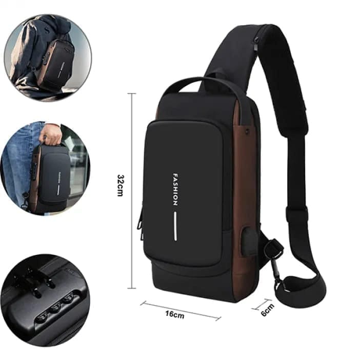 Crossbody Fashion Bag Chocolate – Artificial Leather Chest Biker Bag 32cm with Security Lock