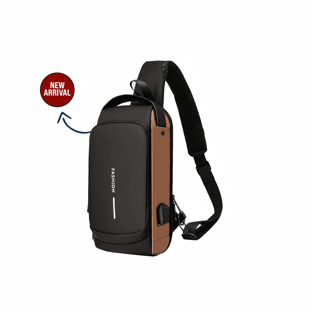 Crossbody Fashion Bag Chocolate – Artificial Leather Chest Biker Bag 32cm with Security Lock