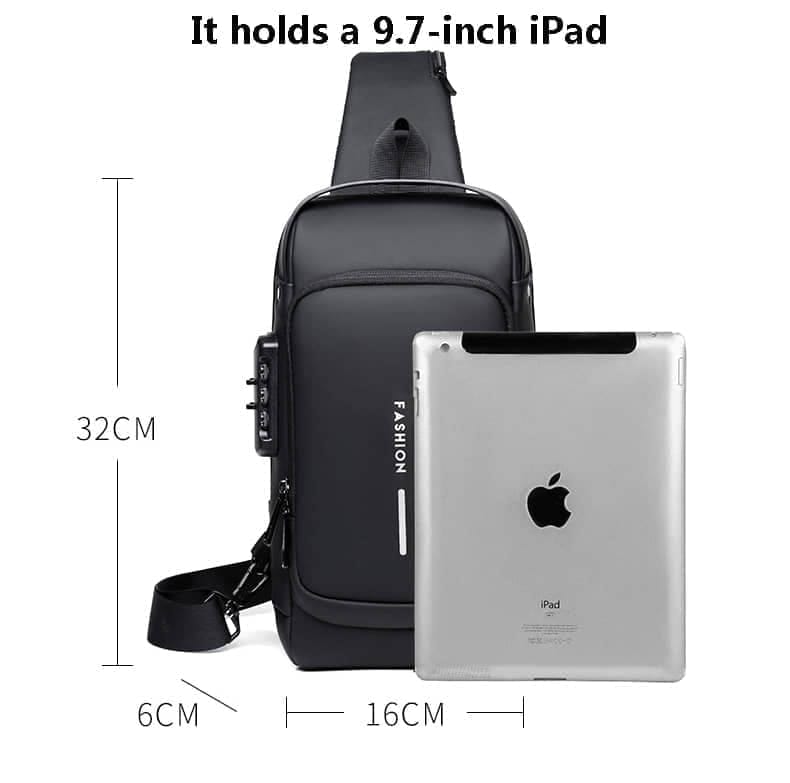 BacBaas Crossbody Fashion Bag Black – Artificial Leather Chest Biker Bag 32cm with Security Lock