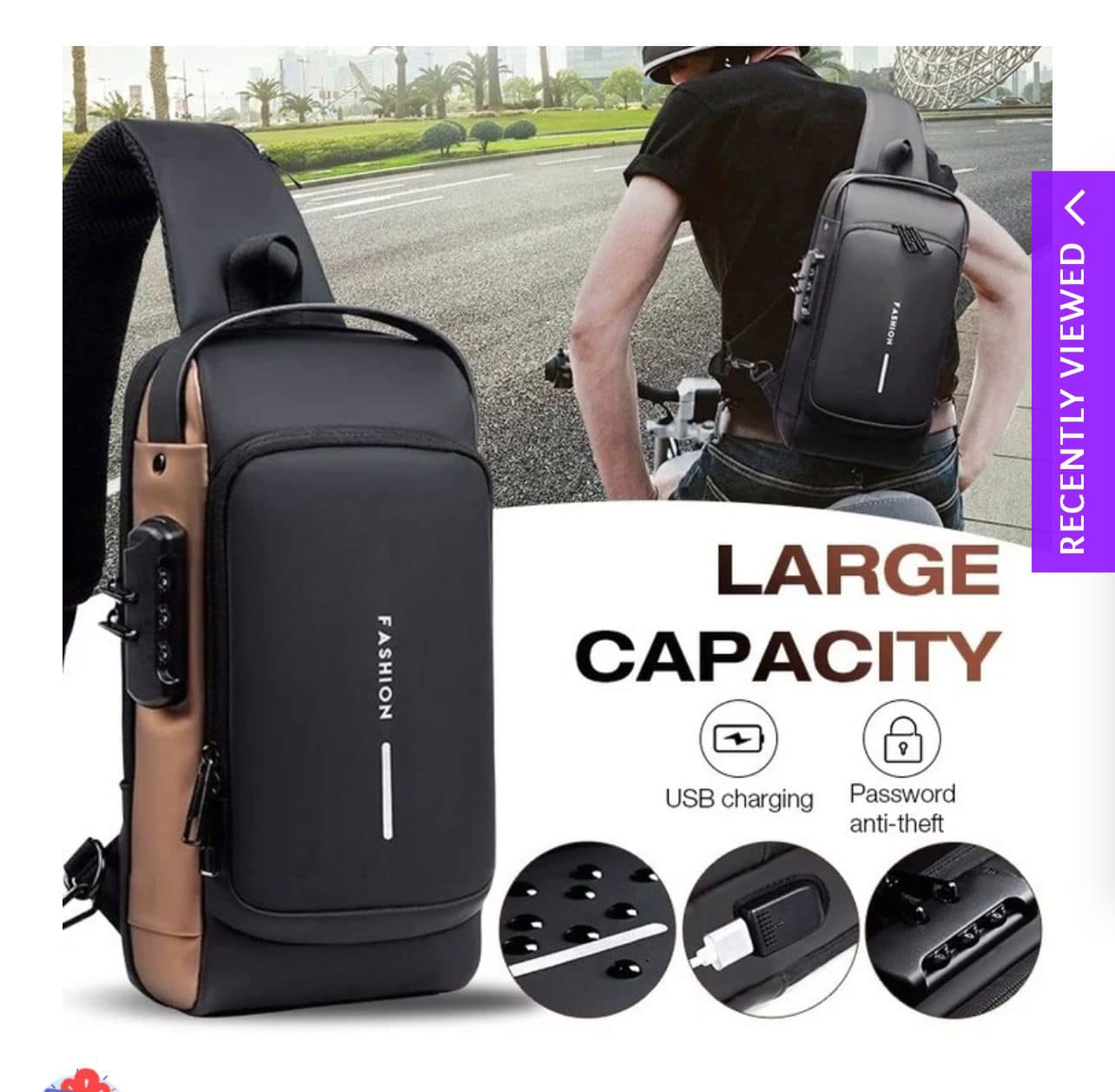 Crossbody Fashion Bag Chocolate – Artificial Leather Chest Biker Bag 32cm with Security Lock