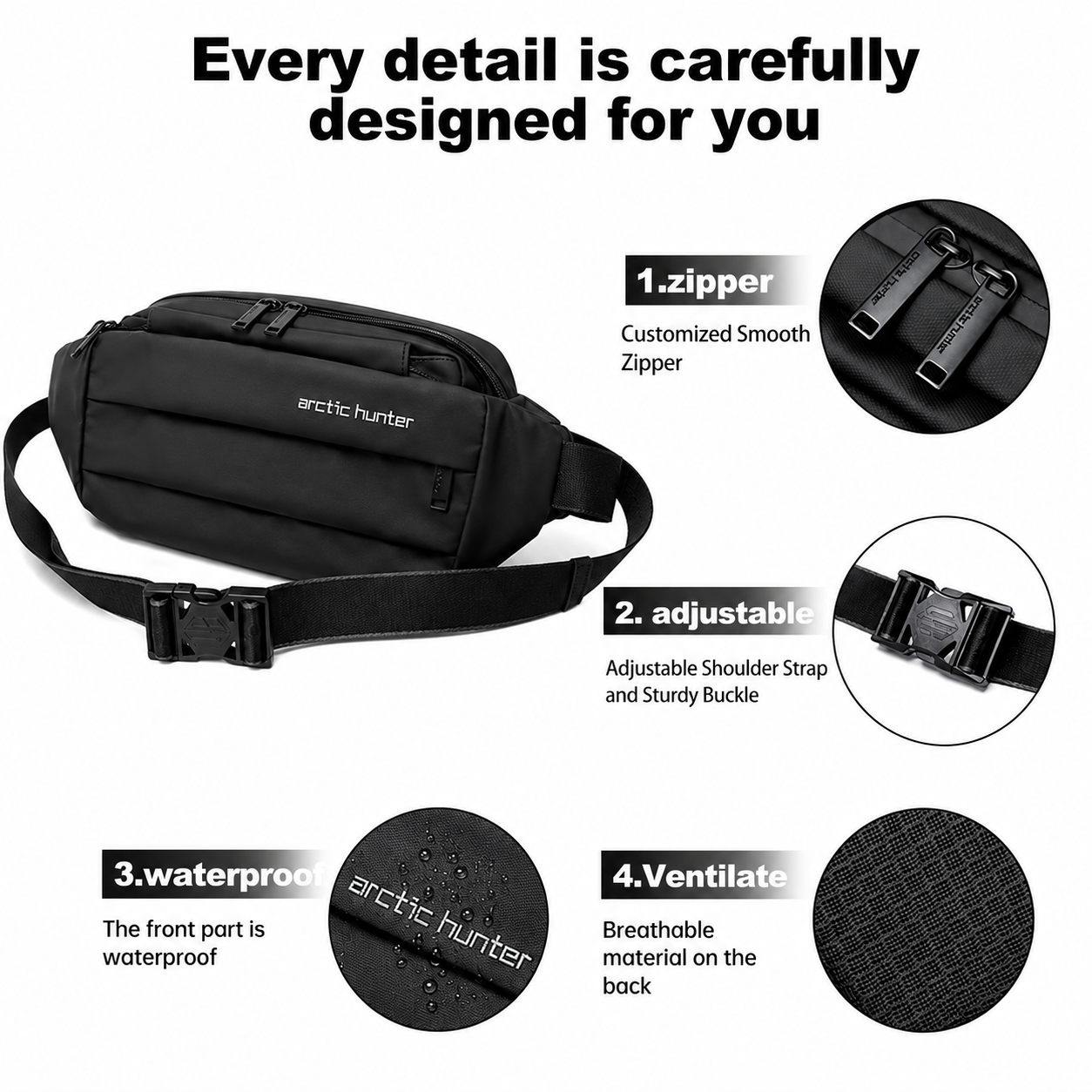 Bacbaas Crossbody Waist Belt Bag YB00029 – Unisex Chest Sling Bag 380g Oxford Polyester