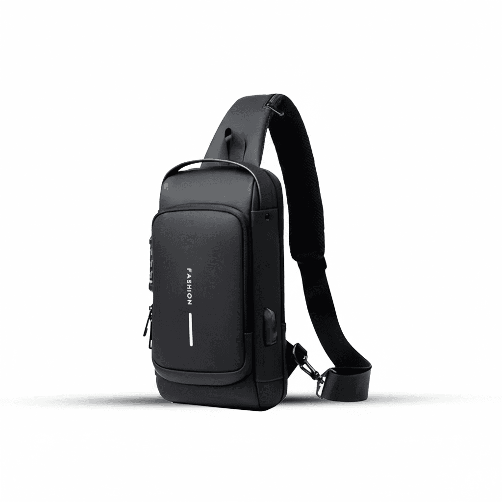 BacBaas Crossbody Fashion Bag Black – Artificial Leather Chest Biker Bag 32cm with Security Lock